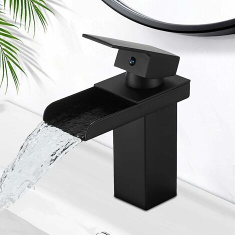 Robinet de salle de bain cascade noir mat, robinet de lavabo à poignée unique en laiton avec eau froide et chaude disponible, valve en céramique, robinet de salle de bain design cascade concave (1/4)