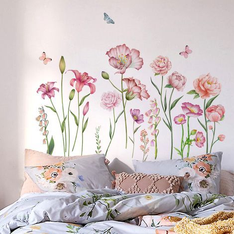 Boho-Gartenblumen-Wandtattoos, florale Pflanzen-Wandaufkleber, böhmische Wanddekoration für Kinderzimmer, Babyzimmer, Wohnzimmer, TV-Wand (1/4)