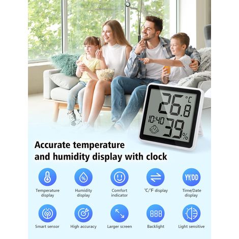 Termometro igrometro digitale con funzione fotosensibile, monitor della temperatura ambiente interna e misuratore di umidità Indicatore di umidità con orologio, ampio display LCD, retroilluminazione (1/4)