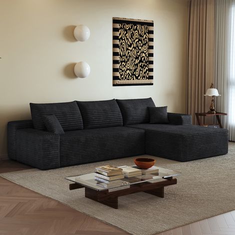 Divano angolare modulare 270 cm nero in tessuto a coste con chaise longue reversibile, profondo e senza montaggio (1/5)