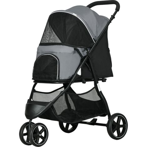 Poussette pliable pour chien chat 2 laisses roues EVA guidon réglable panier gris 83 x 55 x 101 cm