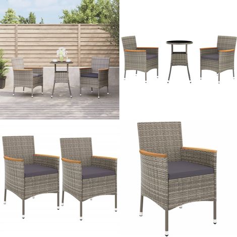 3-tlg. Garten-Bistro-Set mit Kissen Grau Poly Rattan - Gartensitzgruppe - Outdoor Möbel - Bistroset - Gartenmöbel - Esstisch - Home & Living