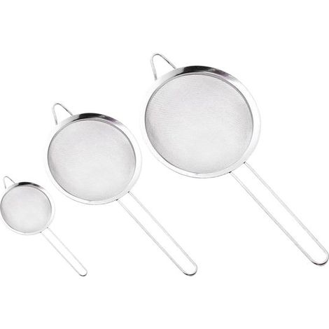 Set di 3 pezzi in acciaio inox: setaccio fine, setaccio a fessure, setaccio filtrante, colino, cestello scolapiatti con manico, impilabile per filtrare succhi, quinoa, farina, ecc. Argento (1/5)