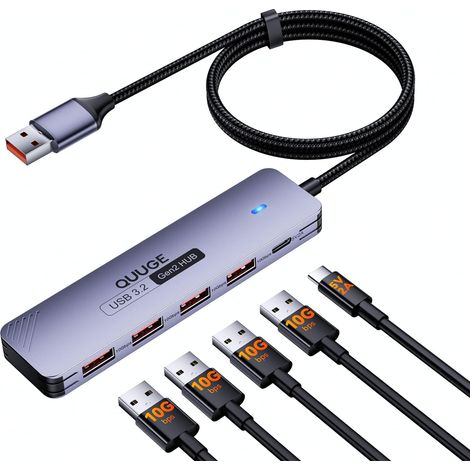 Hub USB 3.2 Gen2 avec 4 Data Ports USB 3.2, Adaptateur Multiport USB Nylon Câble 120CM, Aluminium Hub USB pour PC, MacBook Air, Mac Pro, iMac, Surface, XPS, PS5, Disque Dur Mobile, clés USB, etc (1/5)