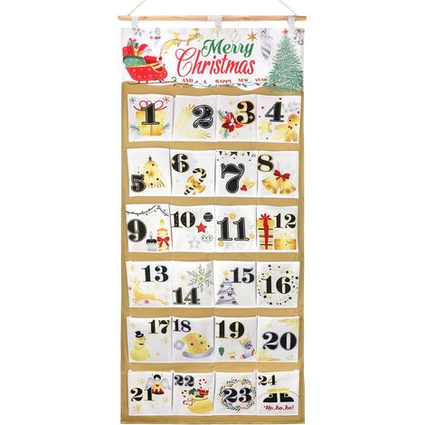 Calendrier de l'Avent en tissu, 58 x 128 cm Calendrier de l'Avent 2025, Calendrier Avent Vide à remplir pour Enfant Femme Homme, Decoration Noel, Or (1/5)