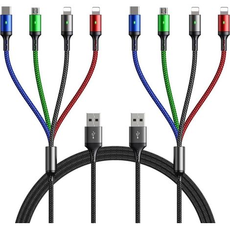 1.2M Multi USB 3A Charging Cable, 4-in-1 Charger Cord with IP/Micro USB/Type C Ports for iPhone 12 11 Xs X 8 7 6/Tablets/ S10 (1/5)