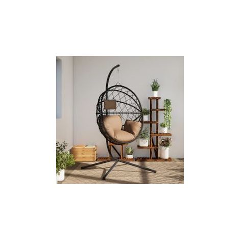 Chaise suspendue en forme d'œuf et support taupe rotin et acier (1/5)
