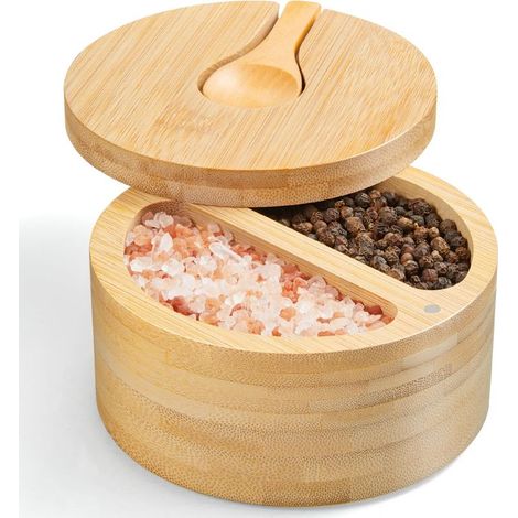 Une boîte à sel à deux compartiments avec couvercle et cuillère, et une salière en bambou avec couvercle à visser. (1/5)