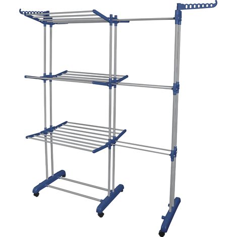 Sèche-linge tour à 3 niveaux avec 4 roues, séchoir à linge extensible avec ailes pliables, séchoir à linge peu encombrant pour grandes familles bleu et gris (1/5)