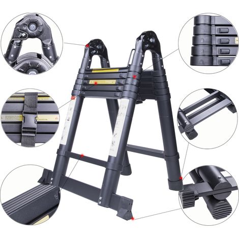 Échelle Télescopique Extensible Escabeau Pliant Ladderen en Aluminium Marchepieds escamotables Capacité Charge Max 150KG 3,8(1,9M + 1,9M) Noir