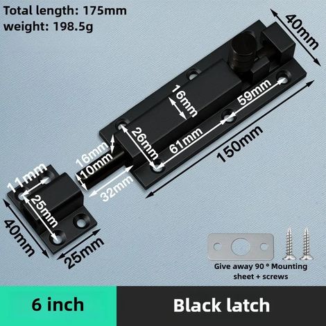 (Noir - 15 cm) Verrou de sécurité de porte en alliage d'aluminium, loquet de fenêtre robuste et épais, pêne dormant pour portail coulissant, quincaillerie pour la maison (1/5)