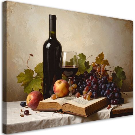 Quadro su tela, Bottiglia di vino d'uva natura morta, 30x20