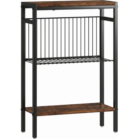 Table d'Appoint Bout de Canapé 3 Étagères Étroite Table de Chevet Industrielle Cadre Métal Bois Marron Rustique 43x18x62,5 cm (1/5)