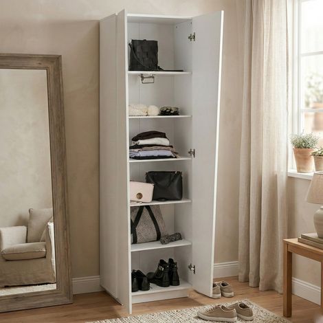 Dmora Armario multiusos, Made in Italy, Mobiliario moderno, Zapatero con 2 puertas y 5 estantes, 60x38h200 cm, color blanco brillante, con embalaje reforzado (1/4)