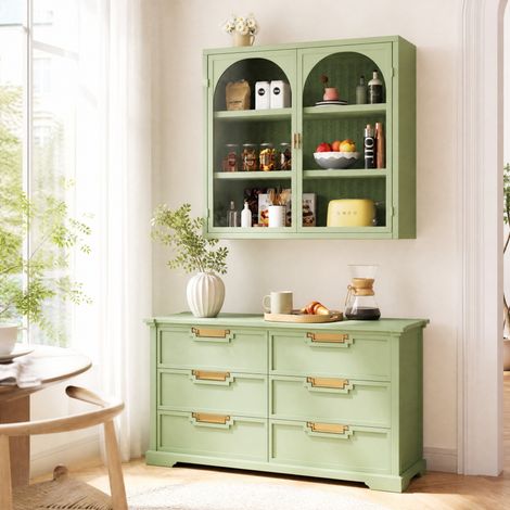 Mobile contenitore da parete verde con 2 ante in vetro, 3 livelli, 70 x 23 x 60 cm DESVIAE (1/5)