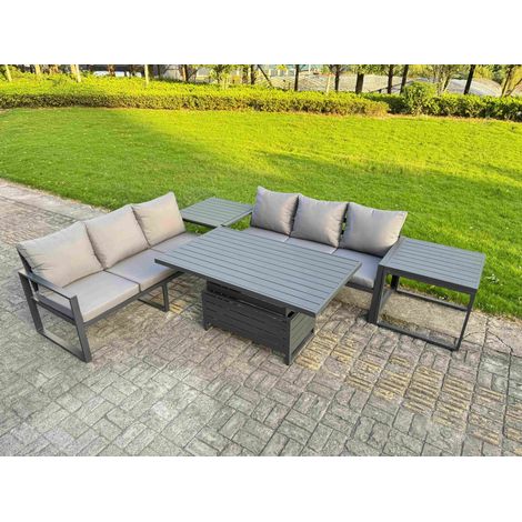 Fimous 5 Pieces Garden Furniture Set Aluminium Adjustable Rising Lifting Dining Table and Sofa Set with 2 Side Tables Dark Grey (1/5)