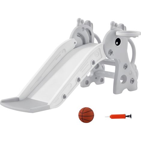 Toboggan enfant gris 3en1 forme girafe panier basket escalade ballon structure stable loisir