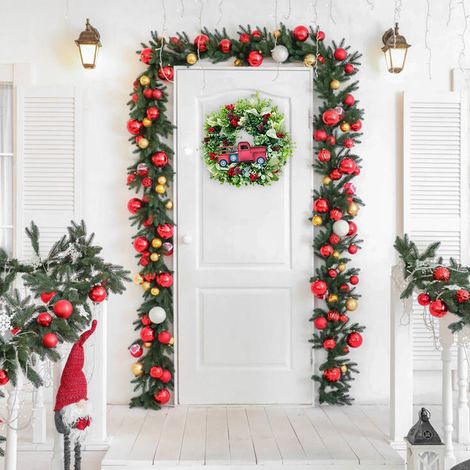 Weihnachtsgirlande für die Tür, 40 cm großer Weihnachtstruck, Kranz mit Tannenzapfen und Beeren, festliche Partydekoration, Stroh in zufälliger Farbe (1/5)