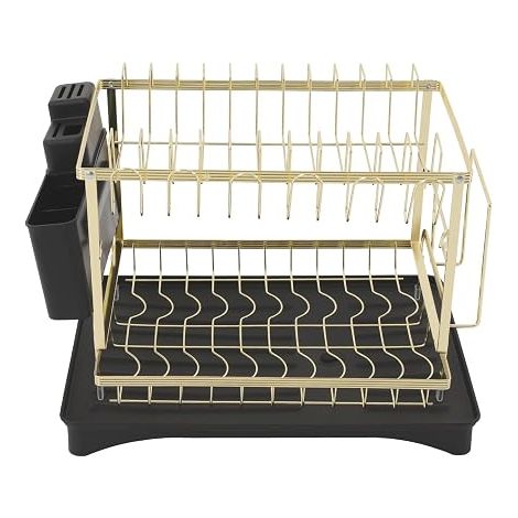 Égouttoir à vaisselle à 2 niveaux, en acier au carbone, avec bac d'égouttement et porte-ustensiles, jusqu'à 15 kg, pour comptoir de cuisine, 42 x 30 cm, noir et doré (1/5)