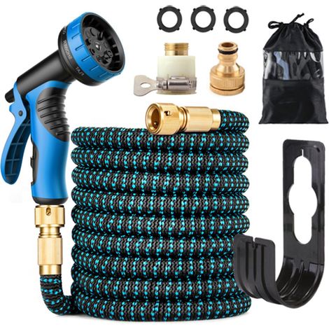 Tuyau d'arrosage flexible de 7.5 m avec 10 fonctions,  raccord en laiton sans usure et douchette en métal avec adaptateur 3/4" et 1/2" pour jardin, animal et lavage de voiture（bleu）