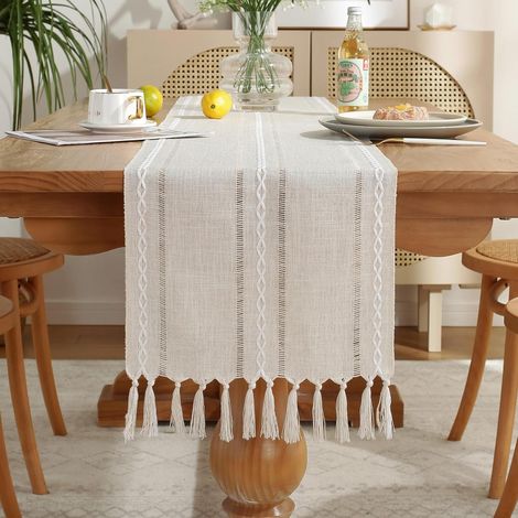 Tischläufer aus elfenbeinweißem Leinen, 33 x 200 cm, mit Quasten, geeignet für Esszimmer, Küche, Leseecke und als Dekoration.