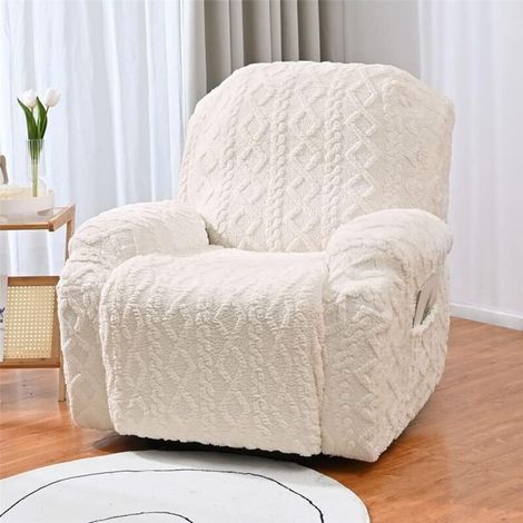 Housse fauteuil inclinable extensible 1 place, jacquard peluche avec poche, protection lavable 4 pièces, beige (1/4)