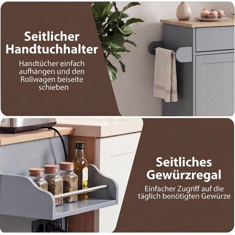 Kitchen trolley with towel rack, spice rack, drawer & socket, rolling kitchen cabinet, grey (1/5)