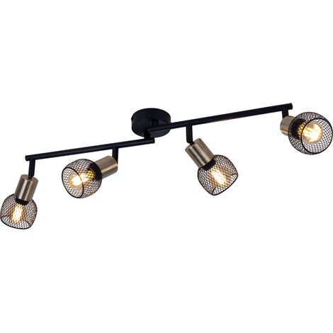 Plafonnier Lampe de salon Plafonnier Spot strip 4 flammes Grille écrans, métal, or noir, 4x douilles E14, LxPxH 60x8x15 cm (1/5)