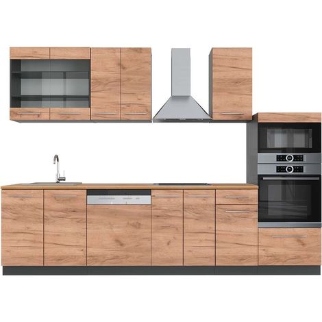 Mueble de cocina Fame-Line, Oro power roble/antracita, 300 cm con armario alto, ET Roble, Vicco