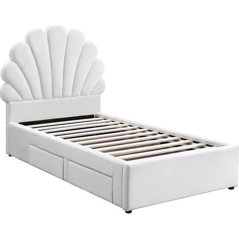 Lit coquillage 90 x 190 cm avec 2 tiroirs - Velours - Blanc - MOANA (1/4)