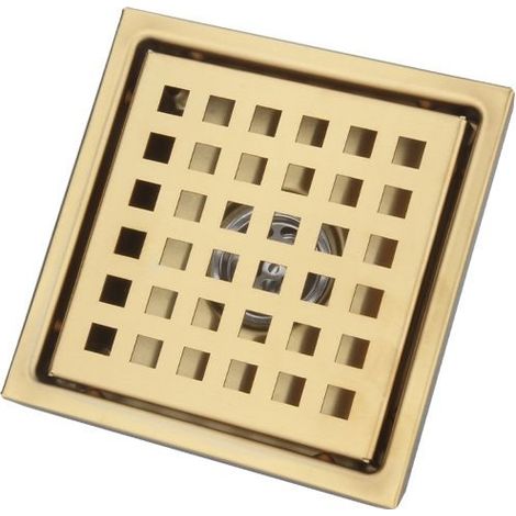 Bonde de douche, filtre anti-cheveux en acier inoxydable, crépine de sol brossée pour salle de bain, grand diamètre, carrée 150 x 150 mm, dorée (1/5)
