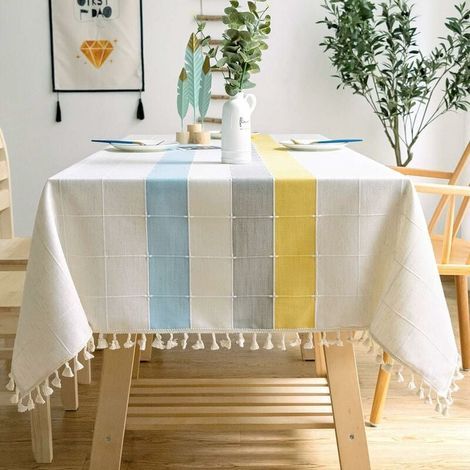 Nappe de Table rectangulaire en Coton et Lin Solide Broderie à Carreaux Gland Coton Couverture De Table en Linge pour Cuisine Salle à Manger Décoration de Table (60x60 cm,Bleu/Gris/jaune) (1/5)
