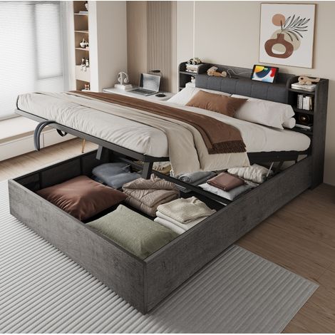 letto contenitore 180x200 USB vani testiera grigio HAVRYA (1/5)