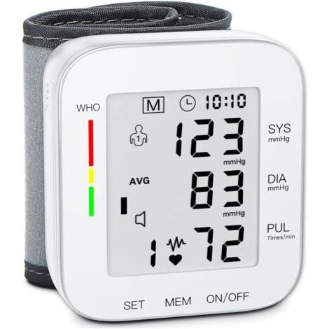Tensiomètre au poignet, grand écran LCD, brassard réglable, 5,31 à 7,68 pouces, automatique, 99 x 2 mémoires, avec étui de transport, pour usage domestique