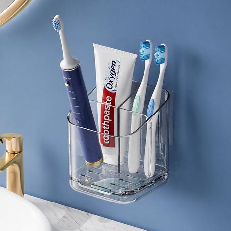 Porte-Brosse à Dents Mural Sans Perçage, Support de Rangement 3 Compartiments Amovible pour Brosse à Dents et Dentifrice, Organisateur Salle de Bain Transparent, Montage Mural ou Utilisation sur Table (1/5)