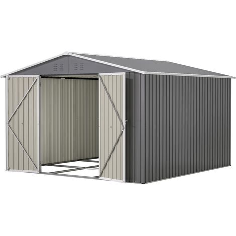 Abri de jardin métallique 3x3 m avec cadre de sol, portes verrouillables, gris (1/5)