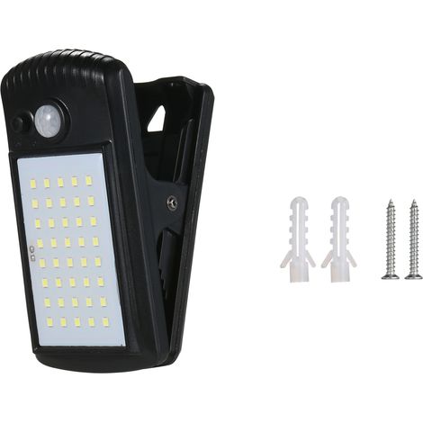 Lampe solaire extérieure à pince avec détecteur de mouvement, 40 LED, étanche IP65, pour clôture, terrasse, mur, garage ou patio. (1/4)