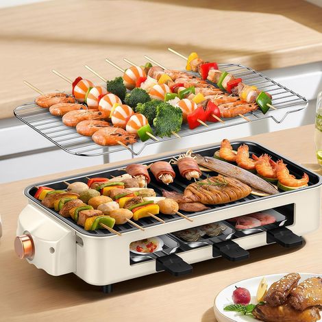 Raclette Gril 2 en 1, 1500W Raclette 46 Personnes, Plaque de Cuisson Amovible Antiadhésive, Tischgrill Multifonction Électrique pour BBQ Intérieur et Fêtes Conviviales