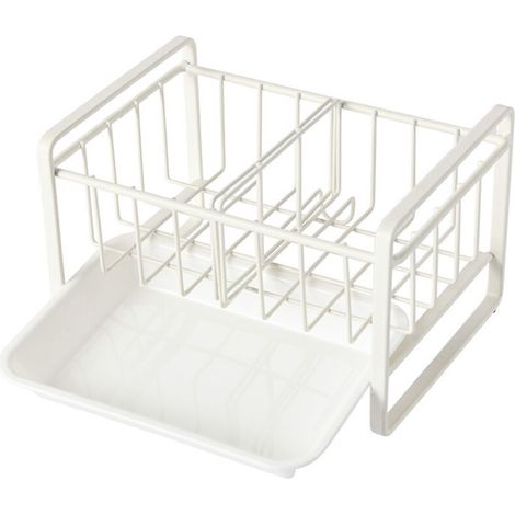 Organiseur d'évier avec égouttoir et cloison de séparation pour la cuisine, Accessoire de cuisine, Porte-ustensiles en acier inoxydable, Blanc (1/5)