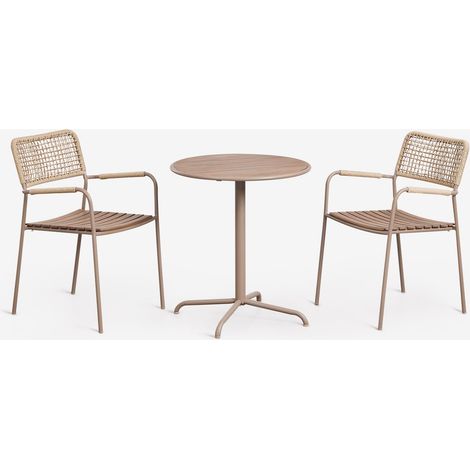 SKLUM Runder Gartentisch-Set Ø65 cm und 2 stapelbare Gartenstühle aus Stahl und Akazienholz Tilda Moka Braun                                   (1/5)