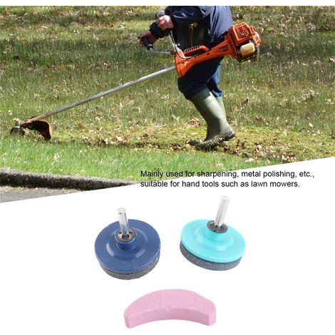 Juego de 3 afiladores de cuchillas universales para cortacéspedes y desbrozadoras, una herramienta de afilado sencilla y eficaz para la jardinería profesional.