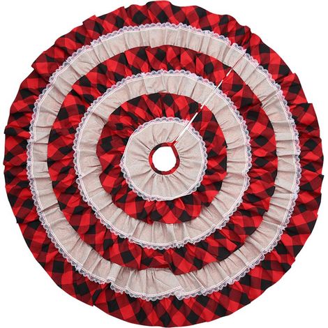 Weihnachtsbaumdecke, Baumfußdekoration, rot-schwarzes Karomuster, Spitzenbesatz, Partyaccessoire, 1 Stück (1/3)