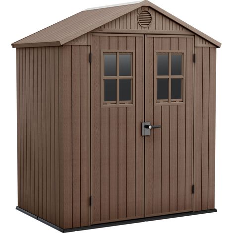 Darwin 6x4 - Caseta de jardín 190x221x122 cm con 2 puertas para almacenamiento de herramientas acabado efecto madera Evotech+ en resina marrón