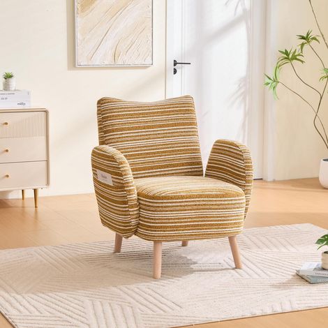Ohrensessel mit Seitentaschen, Boucle Garn, Massivholzbeine, Gelb (1/5)
