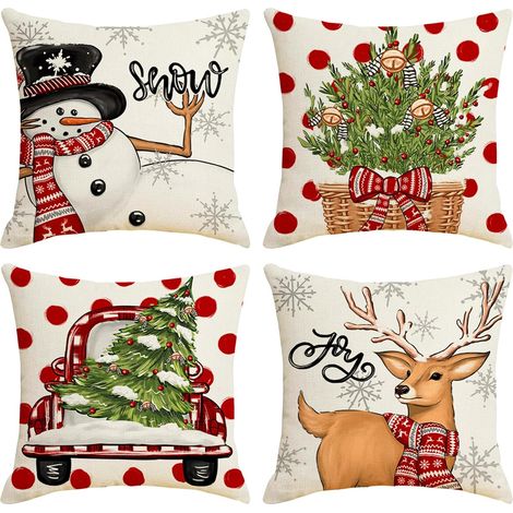 Juego de 4 fundas de almohada navideñas de 45 x 45 cm, confeccionadas en lino y algodón. Ideales para el dormitorio, el coche, la oficina, exteriores, patio, etc. (1/5)