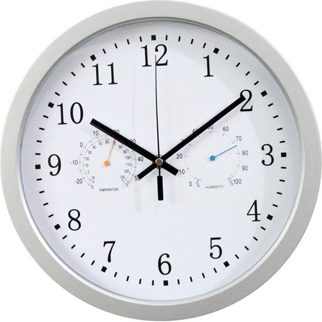 Horloge murale radiopilotée 12 pouces avec réglage automatique de l'heure, affichage de la température et hygromètre, et design silencieux. (1/4)