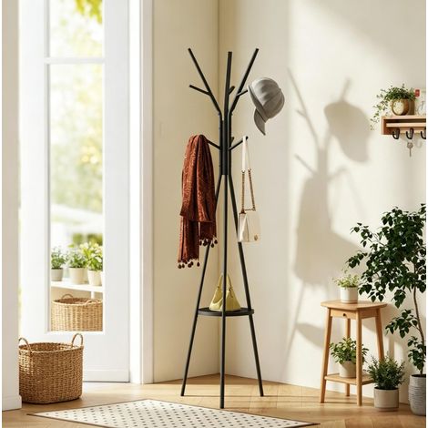 Porte-manteau sur pied noir en métal et MDF, avec étagère et 9 crochets, hauteur 180 cm, charge jusqu'à 10 kg, rangement pour entrée, bureau ou chambre CHICFURN (1/5)