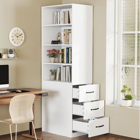 Bücherregal 60x38x180 cm mit 3 Seitenschubladen, 2 verstellbaren Böden aus Spanplatte, weiß (1/5)