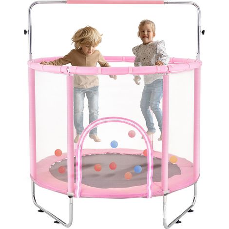 Trampoline 4,6FT avec Filet de Sécurité et Panier de Basket, Intérieur Extérieur pour Enfants 3+ Ans, Cadeau Anniversaire Noël, Rose (1/5)