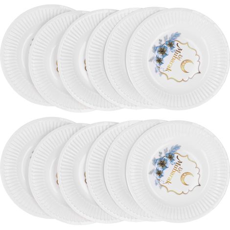Lot de 12 assiettes jetables pour le Ramadan, les fêtes religieuses islamiques et les loisirs créatifs. Blanc Mubarak (1/5)